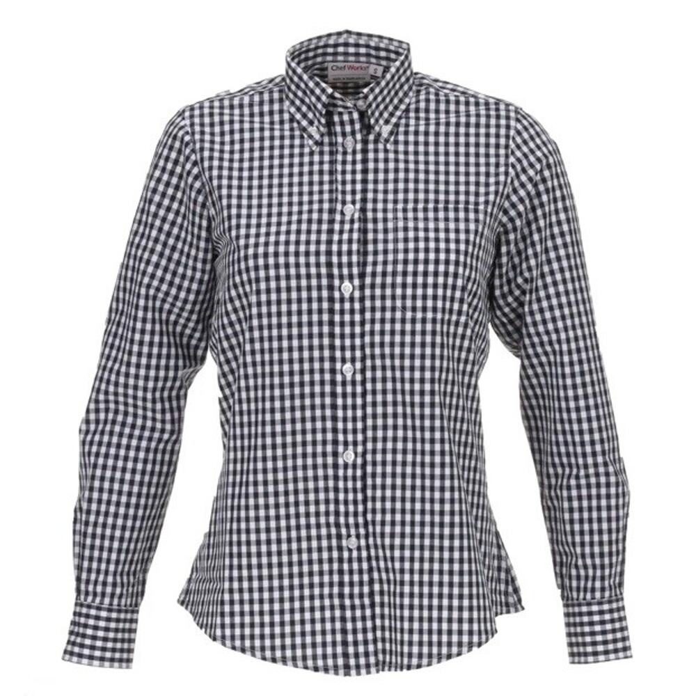Chef Works 2XL Navy White Gingham Dress Shirt W500 BWK Womens Long Sleeve